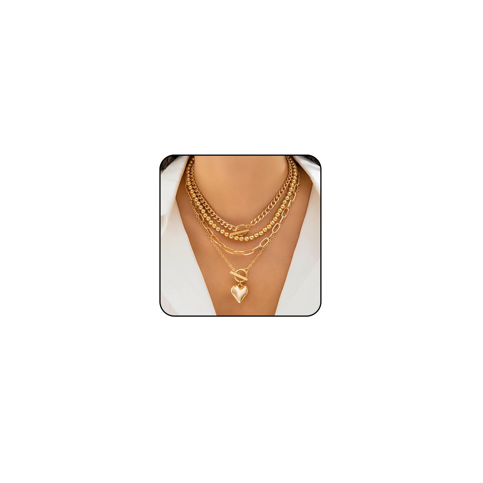 Photo 1 of Otxas Layered Necklace for Women Non Tarnish Chunky Necklace Stack for Women Paperclip Chain Necklaces Retro Coin Medallion Heart Pendant Necklaces Chunky Jewelry Set