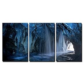 3 Piece Canvas Wall Art - Cave Waterfalls, Streams - Modern Home Art Stretched and Framed Ready to Hang - 16"x24"x3 Panels