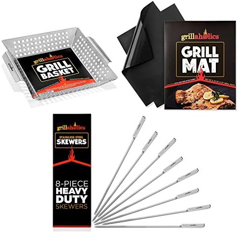 Grillaholics Veggie Lovers Bundle - Includes Set of 2 Non Stick Grill Mats, Stainlesss Steel BBQ Skewers, and Heavy Duty Grill Basket - Perfect Grilling Accessories Package