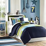 Navy, Teal, Light Green Boys Queen Reversible Comforter and Shams Set Plus BONUS PILLOW (4 PC Set)