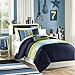 Navy, Teal, Light Green Boys Queen Reversible Comforter and Shams Set Plus BONUS PILLOW (4 PC Set)