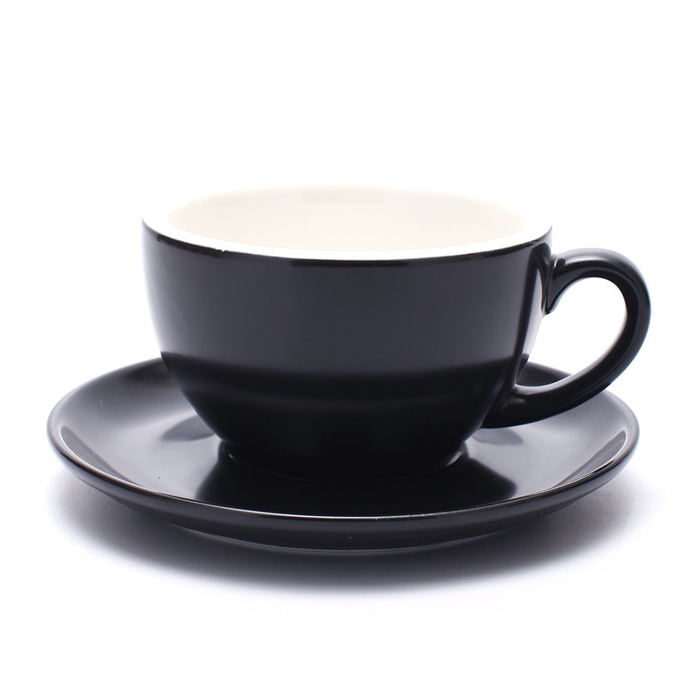 Coffeezone Latte Art Cup and Saucer Fine Porcelain for Latte & Cappuccino, Mate for Coffee Shop and Barista (Matte Black, 10.5 oz)
