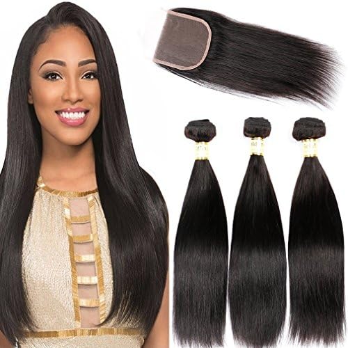 Goldfinch Hair Brazilian Virgin Straight Hair Weave 3 Bundles with Free Part Closure 100% Unprocessed Human Hair Extensions With Brazilian Lace Closure (8 10 12 +8 )