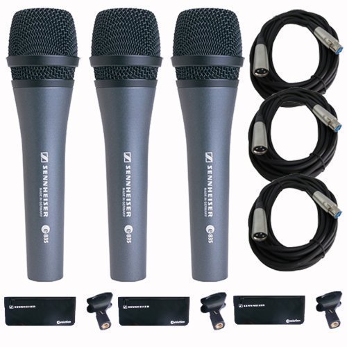 Sennheiser 3x e 835 Wired Cardioid Handheld Dynamic Lead Vocal Stage Microphone with Clip - With 3x Pyle PPMCL15 15ft Symmetric Microphone Cable, XLR Female to XLR Male