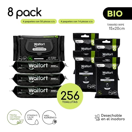 Walfort | Combo Papel Higiénico Húmedo. Caja con 4 paquetes de 14 pzs c/u y 4 paquetes de 50 pzs c/u