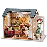 Decdeal DIY Christmas Miniature Dollhouse Kit Realistic Mini 3D Wooden House Room Craft Furniture LED Lights Children's Day Birthday Gift Christmas Decoration (Refined Version, Merry Christmas)