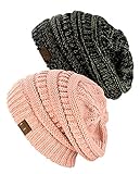 NYfashion101 Exclusive Unisex Two Tone Warm Cable Knit Thick Slouch Beanie Cap, 2 Pack - Black/Dark Beige & 2 Tone Rose