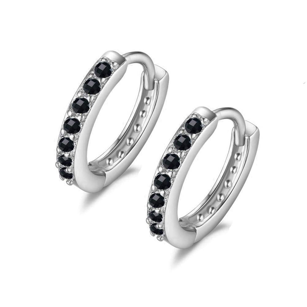 7mm Sterling Silver Cubic Zirconia Small Hoop Earrings Ear Cuff for Cartilage Pierced Women Teen Girls Huggie Tiny Hoops Black CZ