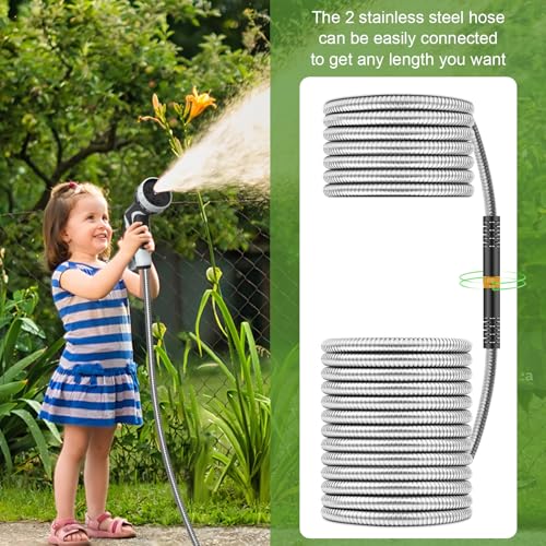 NEYCIL 100ft Stainless Steel Garden Hose, Heavy-Duty Water Hose with 10 Function Nozzle, Puncture Proof, No-Tangle, No-Kink, Garden Hose for Yards, Car Washing & Outdoor Cleaning