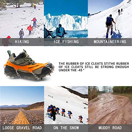 Samply Ice& Snow Traction Cleats, 19 Spike Mountaineering Climbing Crampons for Shoes, Boots, Medium, Orange