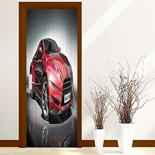lihousehold 3D Door Wall Mural Wallpaper Stickers-2 Pcs Hotel Saloon Door Self-adhesive PVC Removable Waterproof Art Door Decals 30x79 inch(Cars Just Married Themed Open Roof Top Car for Bride an)