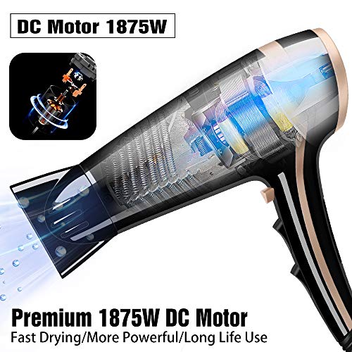 Professional Ionic Salon Hair Dryer, CONFU 1875 Watt Negative Ion Fast Drying Lightweight Quiet Blow Dryer, Low Noise Ceramic Tourmaline Hairdryer with Diffuser and Concentrator Nozzles