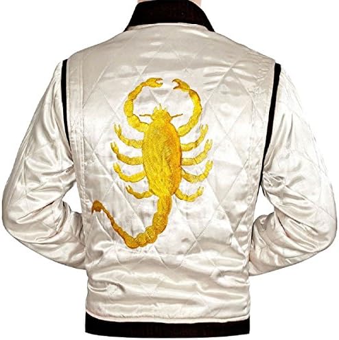 Leather Hawkers Men's New Drive Jacket - Ryan Gosling Famous Scorpion Jacket (Ivory, X-Large)