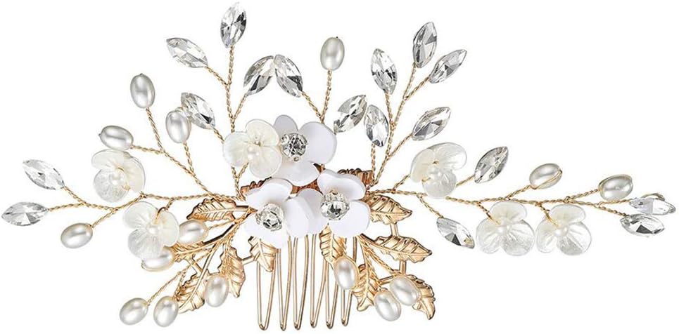 FIDDY898 Gold Flower Bridal Hair Comb with Pearls Crystals Wedding Headwear for Photo Prop