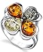 Metal Masters Co. Sterling Silver Baltic Amber Multi Color Clover Leaf Ring, Honey Cognac and Olive Colors 8