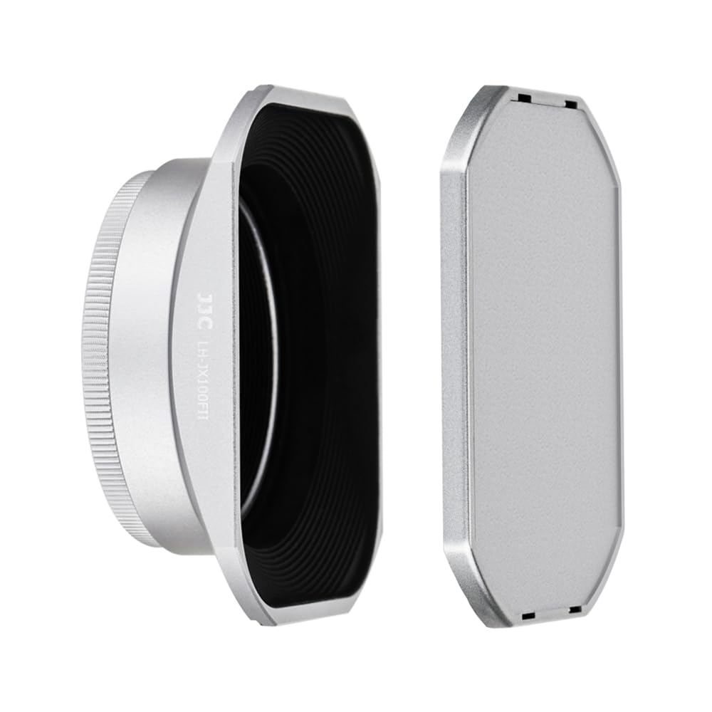 JJC Silver Metal Square Lens Hood and Adapter Ring Kit for Fujifilm X100VI, X100V, X100F, X100T, X100S, X100 and X70 Cameras - Capable of Reverse Attaching to Lens