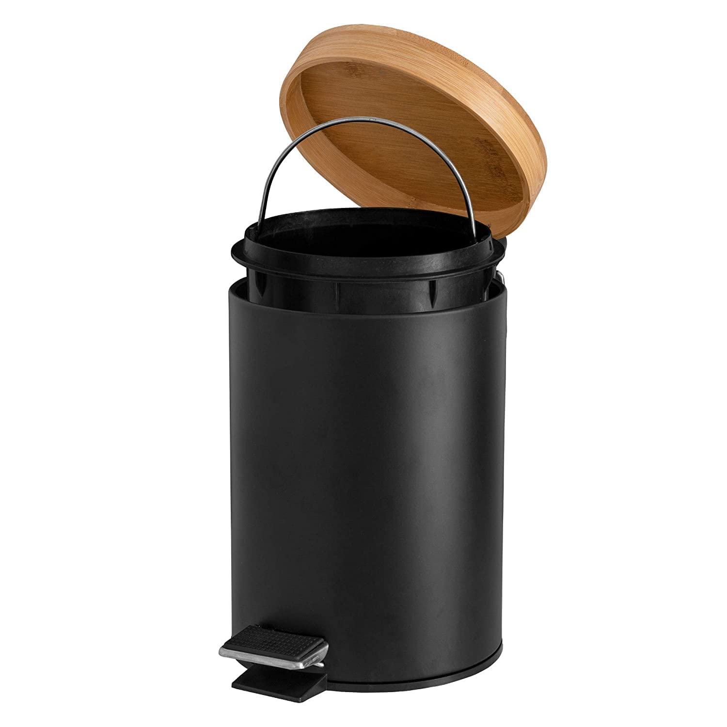 Solly´s 3L Bathroom Bin with Bamboo Lid, Pedal Bin with Soft Close, Round, Black