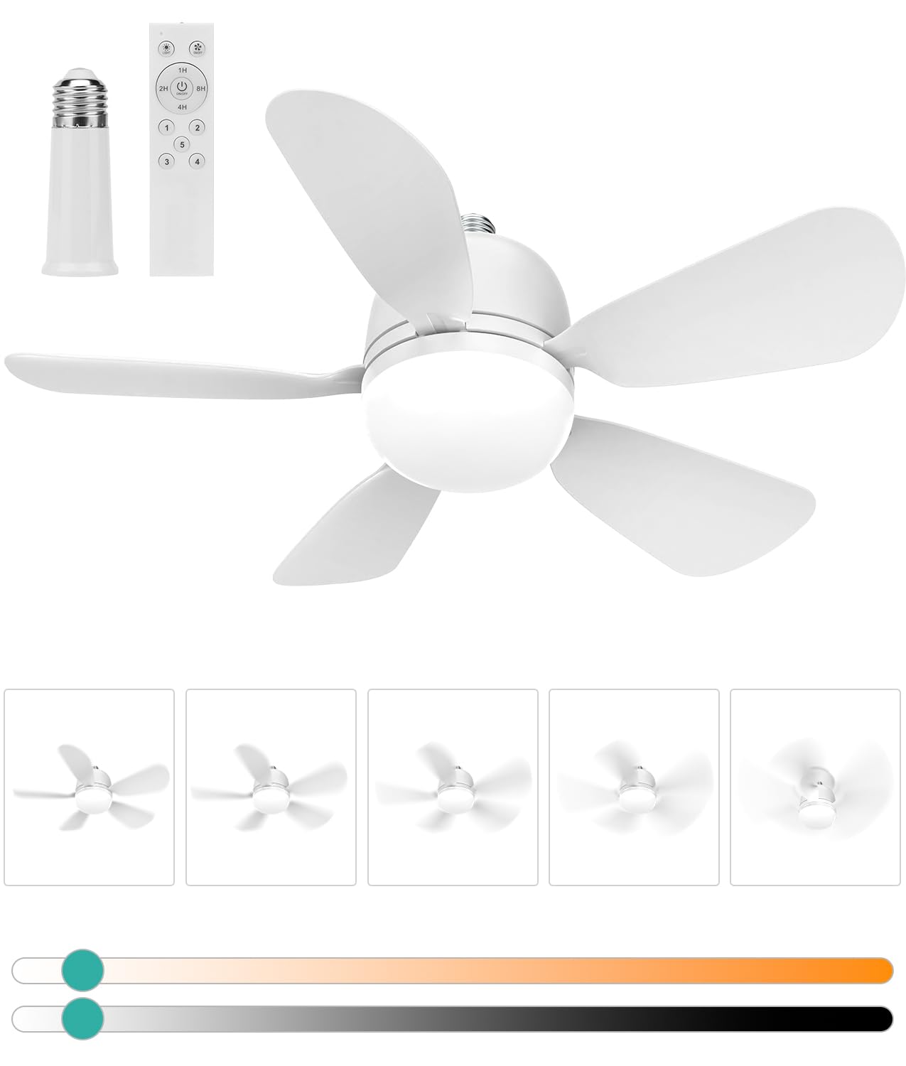 Photo 1 of HK Socket Fan Light Small Ceiling Fan With Light and Remote, 20 Inch Screw-in for E26/E27 Base, 5 Speed Dimmable Mini for Bedroom Kitchen and Small Rooms, White
