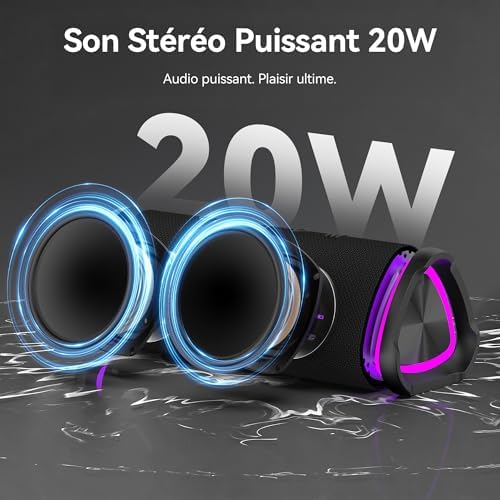 Enceintes Bluetooth Puissante 24W, Enceinte Bluetooth Portable 6.0, Bluetooth Speaker 30H Autonomie, Surround à 360 Degrés, Étanche IPX6, Appariage TWS, USB, RGB,AUX, TF Carte, Fêtes/Voyage/Extérieur