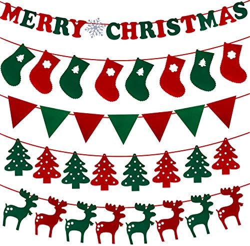 PrettyDate Christmas Banner Set of 5 Fabric Felt Hanging Buntings Garland Banner String Christmas Party Flag Decor