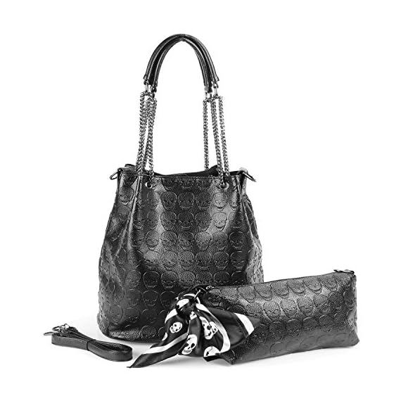 Womens-Skull-Hobo-Tote-Bag-Chain-Shoulder-Bag-Gothic-Handbag-Set