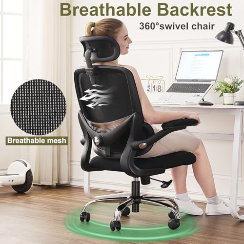 TONFARY Ergonomic Home Office Chair, High Back Mesh Desk Chair with Adjustable Lumbar Support, Flip-up Armrest, Removable Headrest, Swivel Computer Gaming Chair, Space Saving, 150KG (Black)