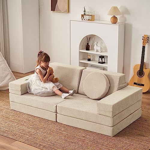 Jela Kids Foam Couch Set - 10 Pieces, Sand Beige, Miss Fabric, Loveseat, 66 x 33 x 23 Inches