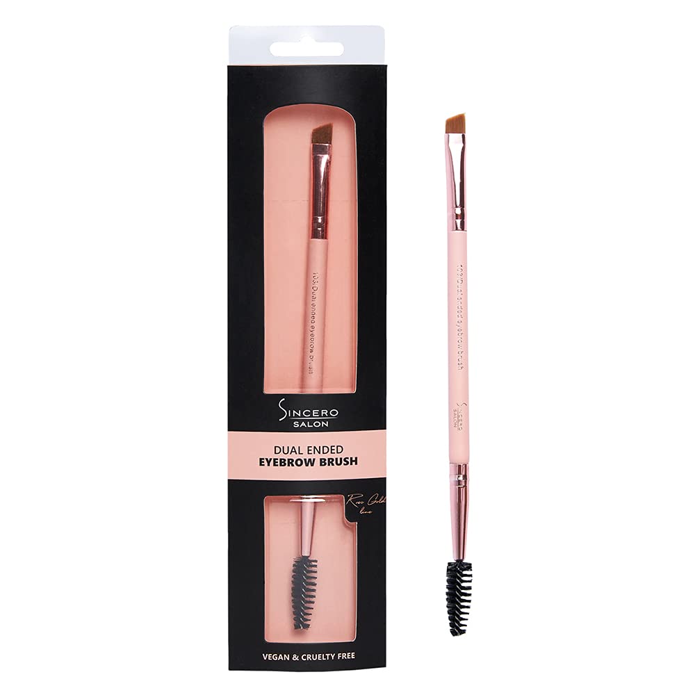 SINCERO SALON Dual Ended Flat Angled Eyebrow Brush and Spoolie I Perfect for Filling and Shaping Brows, Spooling Lashes I Rose Gold, 100% Vegan, Cruelty-Free Brow Brush, Perfect as a Gift