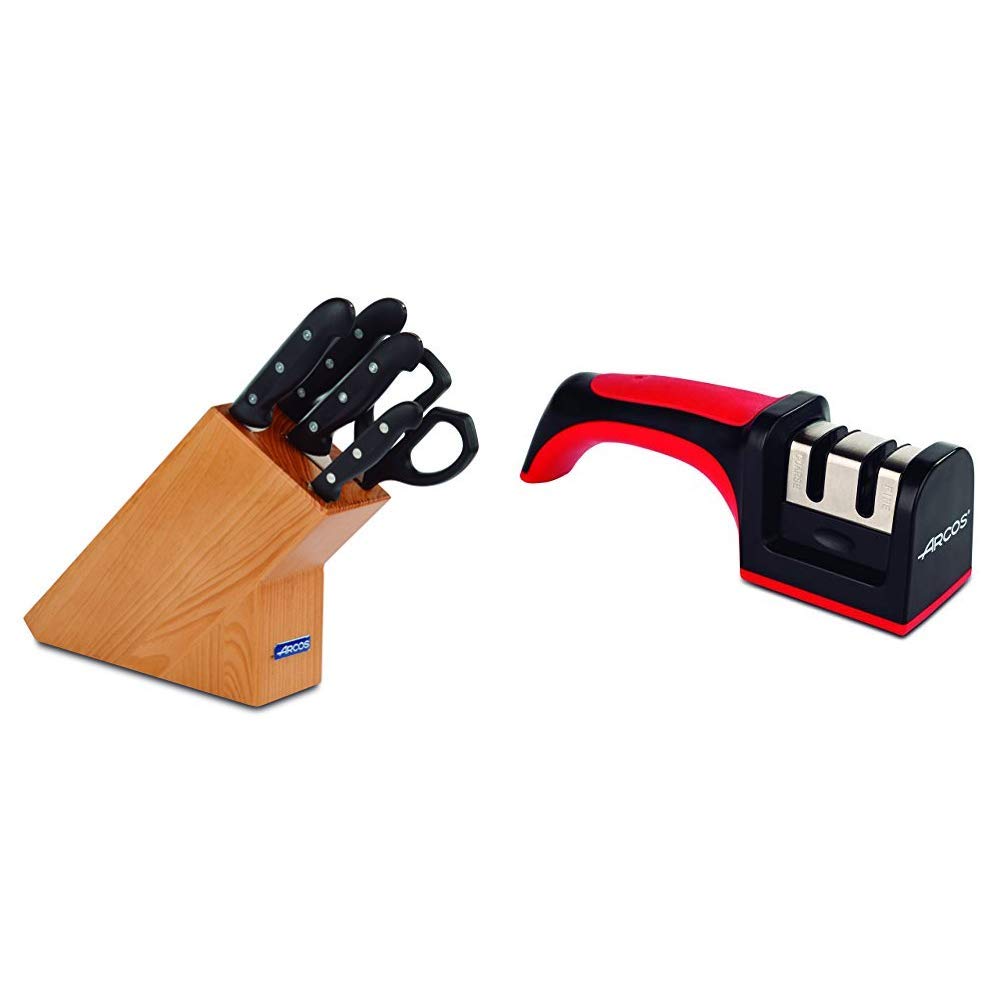 Arcos-Maitre-Taco-de-4-cuchillos-y-tijera-5pzs-610600-Afilador-con-mango