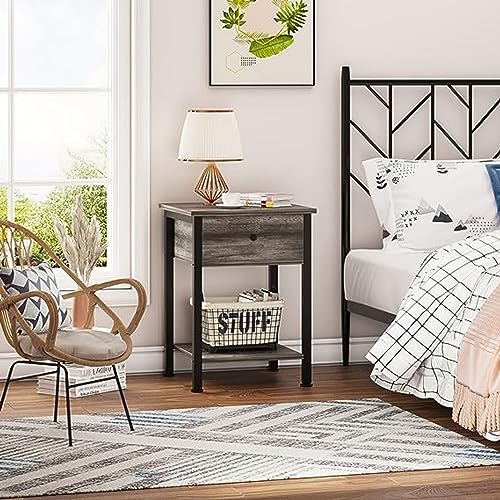 SKY-TOUCH Nightstand 40 * 40cm Bedside Cabinet with Drawer, Bedside Table Wood Night Stand Modern End Table Side Table for Bedroom and Living Room, Sturdy Steel Frame, Easy Assembly
