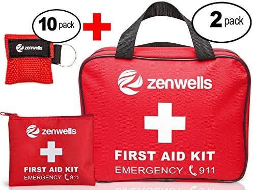 First Aid Kit with Small Pouch and Bonus Survival Ebook (2-Pack) Including 10-Pack CPR Face Shield - Water Resistant First Aid Kit Bag for Home Emergencies, Travel Camping, Hiking and Sports