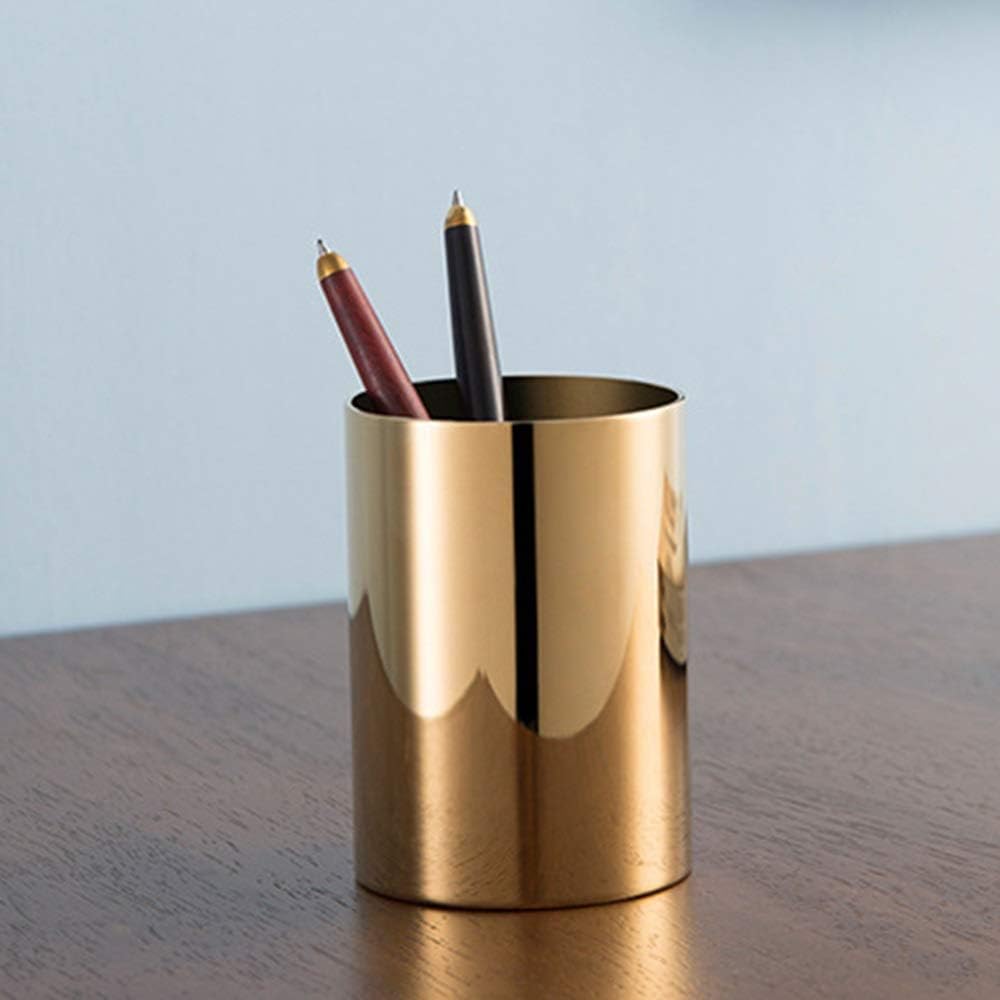 QRY Golden Creative Pure Copper Round Pen Holder Living Room Office Desktop Decoration Decorations Business Annual Meeting Gift Brass Pen Holder 7 10 (cm) Happy Life