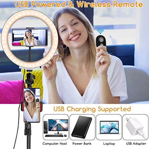 10”Selfie Ring Light with Tripod Stand & Cell Phone Holder with 3 Light Modes & 10 Brightness Level for Streaming Makeup Photography Zoom Wed Conferencing, Live Stream and YouTube Video