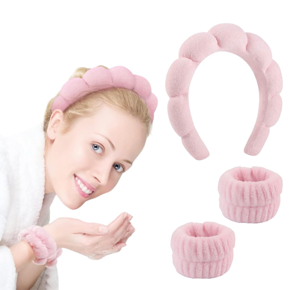 ZKSXOA Puffy Makeup Headband Spa Headbands for Women Sponge & Terry Towel Cloth Fabric Cute Skincare Headband for Face Washing, Makeup Removal, Shower, Facial Mask (Pink)