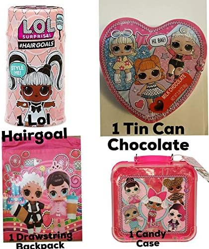 Surprise LOL Hairgoal, 1 Tin Can Heart with Chocolate, 1 Candy Case and 1 Drawstring Backpack 13"
