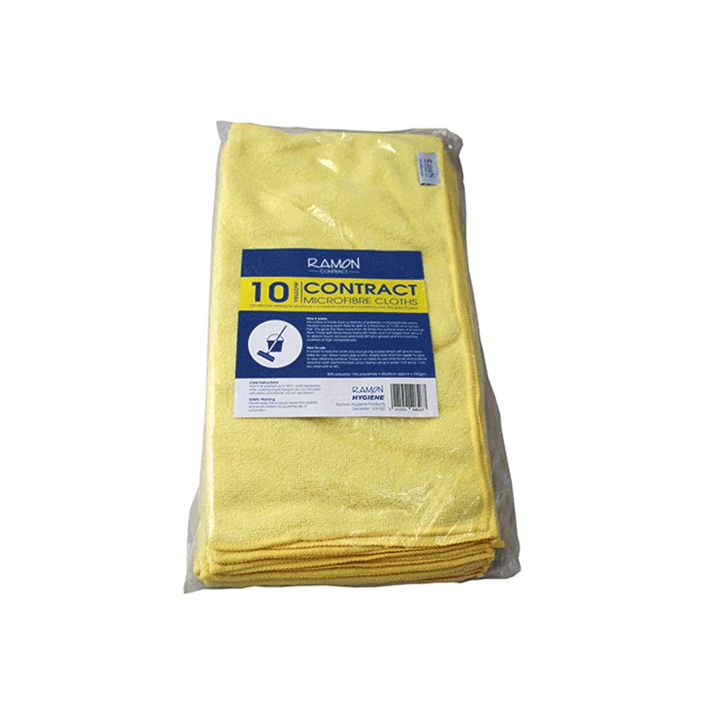 Ramon Hygiene Contract 10 Microfibre Cleaning Cloths, 40x40cm, Janitorial, Bars, Pubs, Kitchens, Bathrooms, Yellow