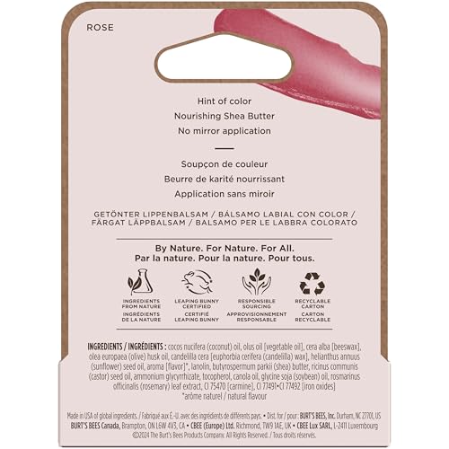 BURT’S BEES LIP TINT BALM, LONG LASTING 2 IN 1 DUO TINTED BALM FORMULA, COLOR INFUSED WITH HYDRATING SHEA BUTTER FOR A NATURAL LOOKING BUILDABLE FINISH, ROSE, 1 TUBE