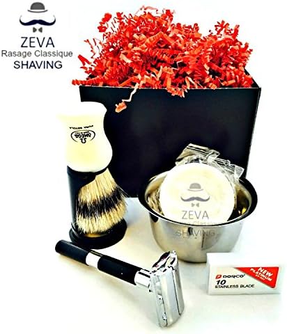 Mens Shaving DE Safety Razor Kit Wet Shaving Navaja Rasurar Vintage Badger Hair Shaving Brush Stainless Steel Omega Shaving Brush 10 Dorco Blades Pinaud After Shave ZEVA shaving