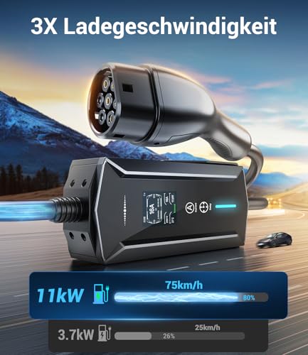 Mobile Wallbox 11 kW Type 2 Charging Cable - 7 m | 6-16 A | 3-Phase EV Charger Waterproof with Adjustable Charging Power, Setting Start Time, CEE 16A to Type 2 Charging Cable, for All EVs (IEC 62196-2) & PHEVS