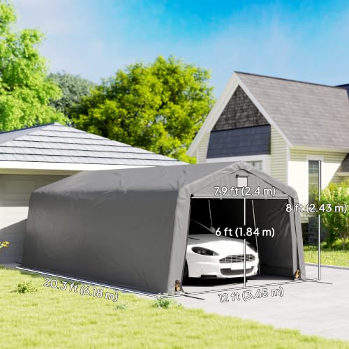 Outsunny 12 x 20 ft Heavy Duty Carport, Outdoor Portable Garage Canopy Tent with 2 Ventilation Windows, Large Door, Car Shed Shelter for Truck, Boat, Motorcycle, Bike, Light Grey