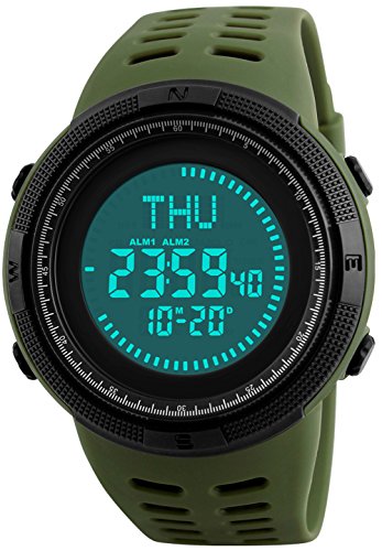 Men's Outdoor Survival Sports Digital Led Watches With Compass 5ATM Water Countdown 3 Alarm Stopwatch (Army Green)