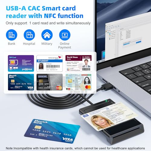 USB smart card reader with NFC, USB smart card reader, DOD military card reader for ID card, bank cards, compatible with Windows, Linux, PC laptop, 95 cm cable