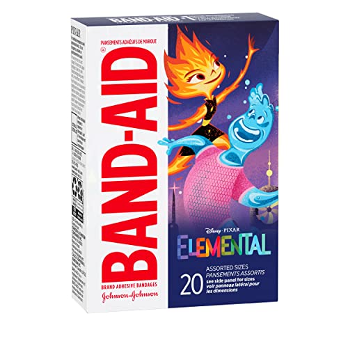 BAND-AID BRAND ADHESIVE BANDAGES FOR MINOR CUTS & SCRAPES, WOUND CARE FEATURING DISNEY’S ELEMENTAL CHARACTERS, FUN BANDAGES FOR KIDS AND TODDLERS, ASSORTED SIZES, 20 COUNT