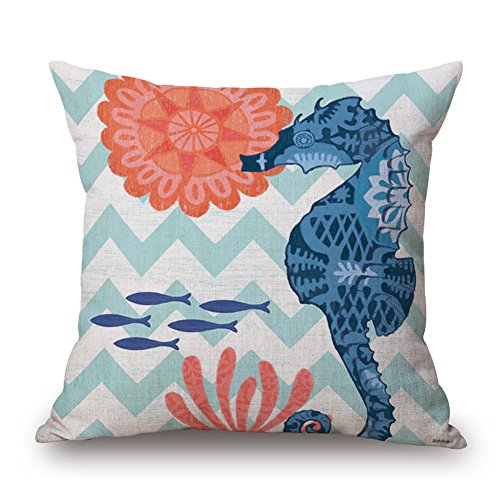 Happy Cool Cotton Linen Square Mediterranean Sea Decorative Throw Pillow Cushion Cover 18"x 18" Sea Horse-2