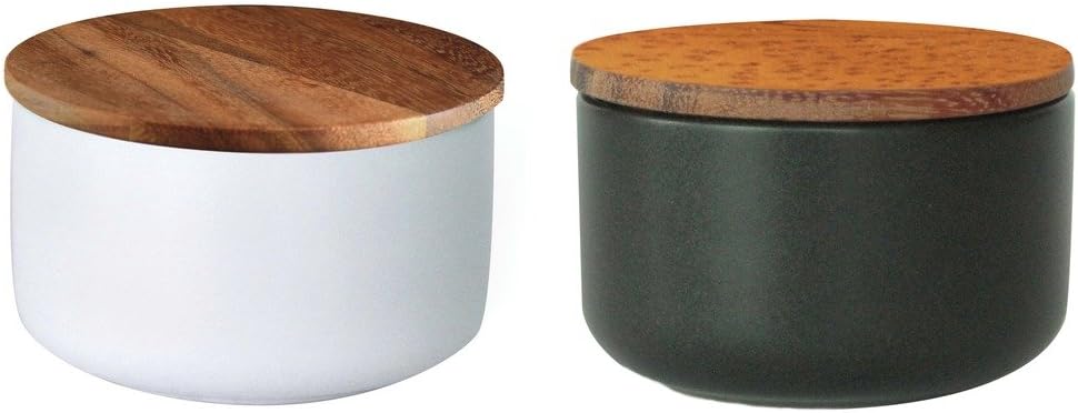 Salt and Pepper Spice Box Storage Set of Two - Stoneware with Acacia Wood Covered Lid with Seal