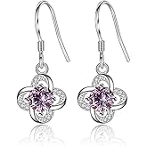 Joluzuk Diamond Dangle Earrings for Women Trendy, Rhinestone Drop Chandelier Earrings, 925 Silver Purple Amethyst Created Sapphire Four Leaf Clover Tassel Fashion Earrings for Chrismas Gifts