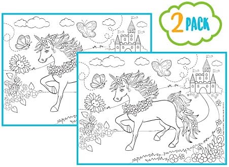 Childrens Reusable Activity Coloring Placemats Including 4 Non-Toxic Crayons By Kute Kids - Washable, Wipeable, Cleanable and Great for Children and Toddlers of all ages (Unicorn, 2 Pack)