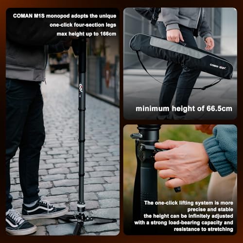 Camera Monopod, Extendable Carbon Fiber Monopod with Stands, 165cm with 360° Head, Arca Quick Mount System, Max Load 10kg Monopod Camera (M1S)