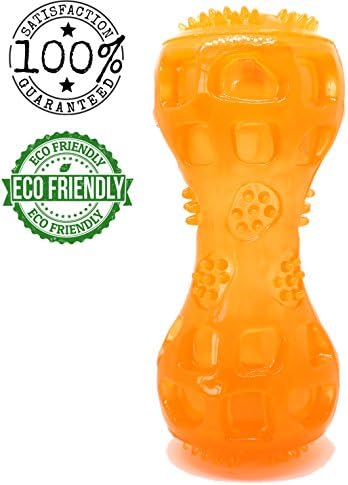 Illuminating Dog Chew Toy ORANGE with Squeaker, Durable Rubber, Dental Cleaners, LEDs for Night/ Low light Fetch, Quality Made with Eco Friendly Materials- For all Size Puppies &amp; Adults- LiteBONE