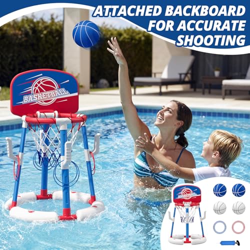 2 in 1 Pool Basketball Hoop Set with Backboard & Ring Toss Game, Floating Water Basketball Game with 4 Balls, 8 Rings & Pump, Summer Outdoor Swimming Pool Toys Gifts for Adults Kids Teens, Red